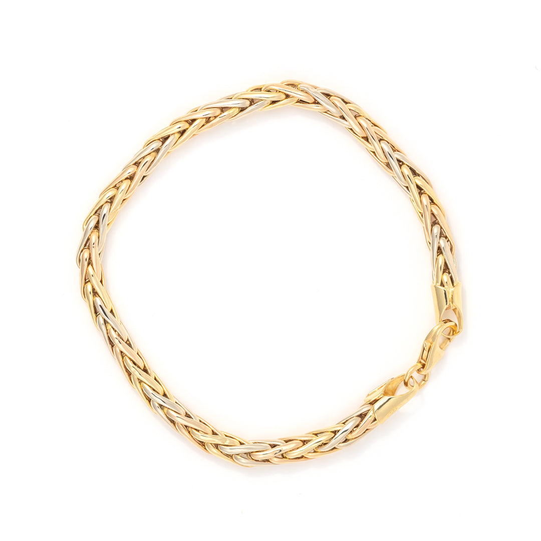 Three Tone Round Wheat Link Bracelet 18K Gold